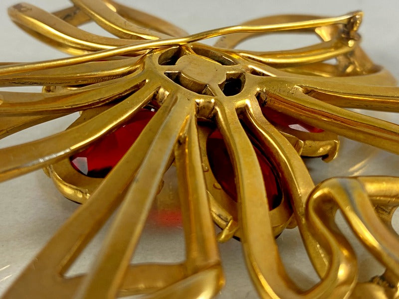 Massive Gold Brooch with Red Glass Petals