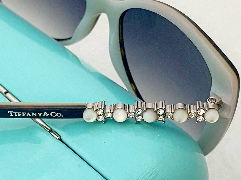Tiffany Havana Sunglasses with Pearl and Crystal Accents in Original Hard Shell Case 