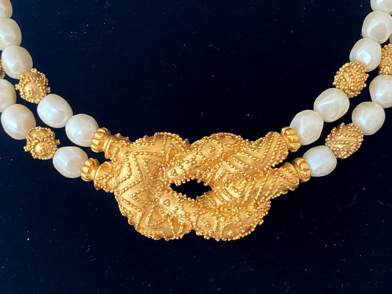 Vintage MARY McFADDEN Necklace | Etruscan Inspired with Glass Pearls and Gold