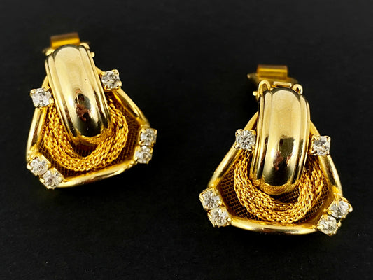 1950s HOBÉ Gold-Toned Earrings with Crystal Cabochons & Gold Mesh Backing - Busy Bowerbird