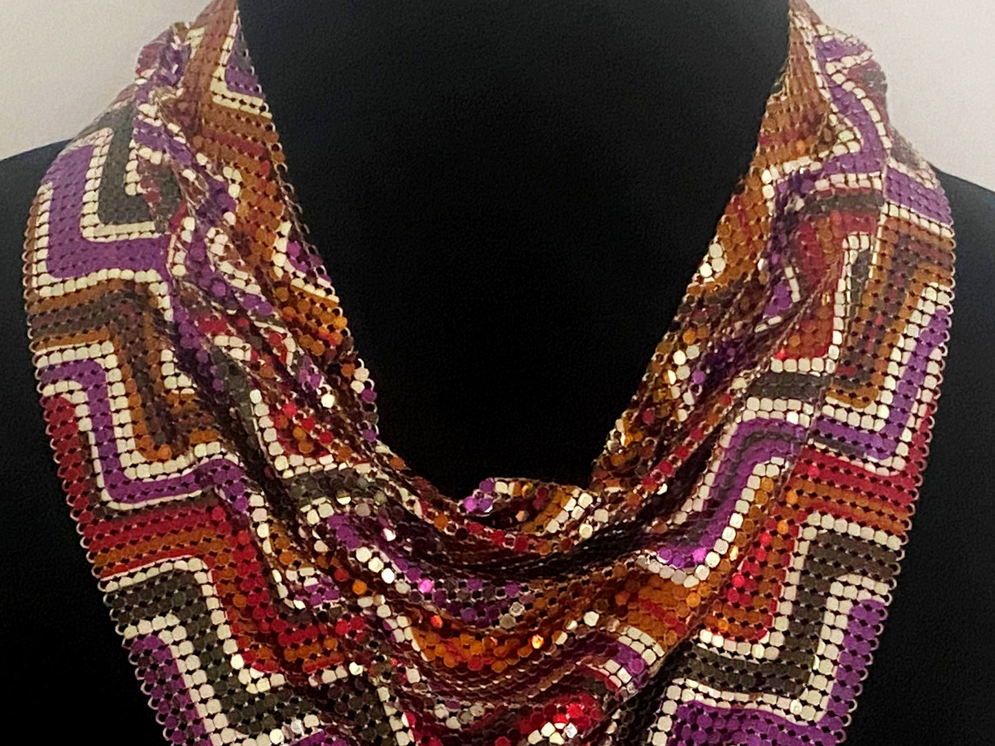 1980s WHITING & DAVIS Multi-Colored Chevron Mesh Bib Necklace | Rare! - Busy Bowerbird