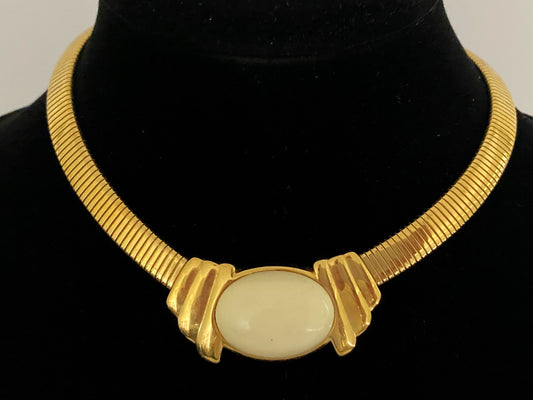 Vintage TRIFARI Gold-Plated Omega Necklace with White Cabochon - Busy Bowerbird