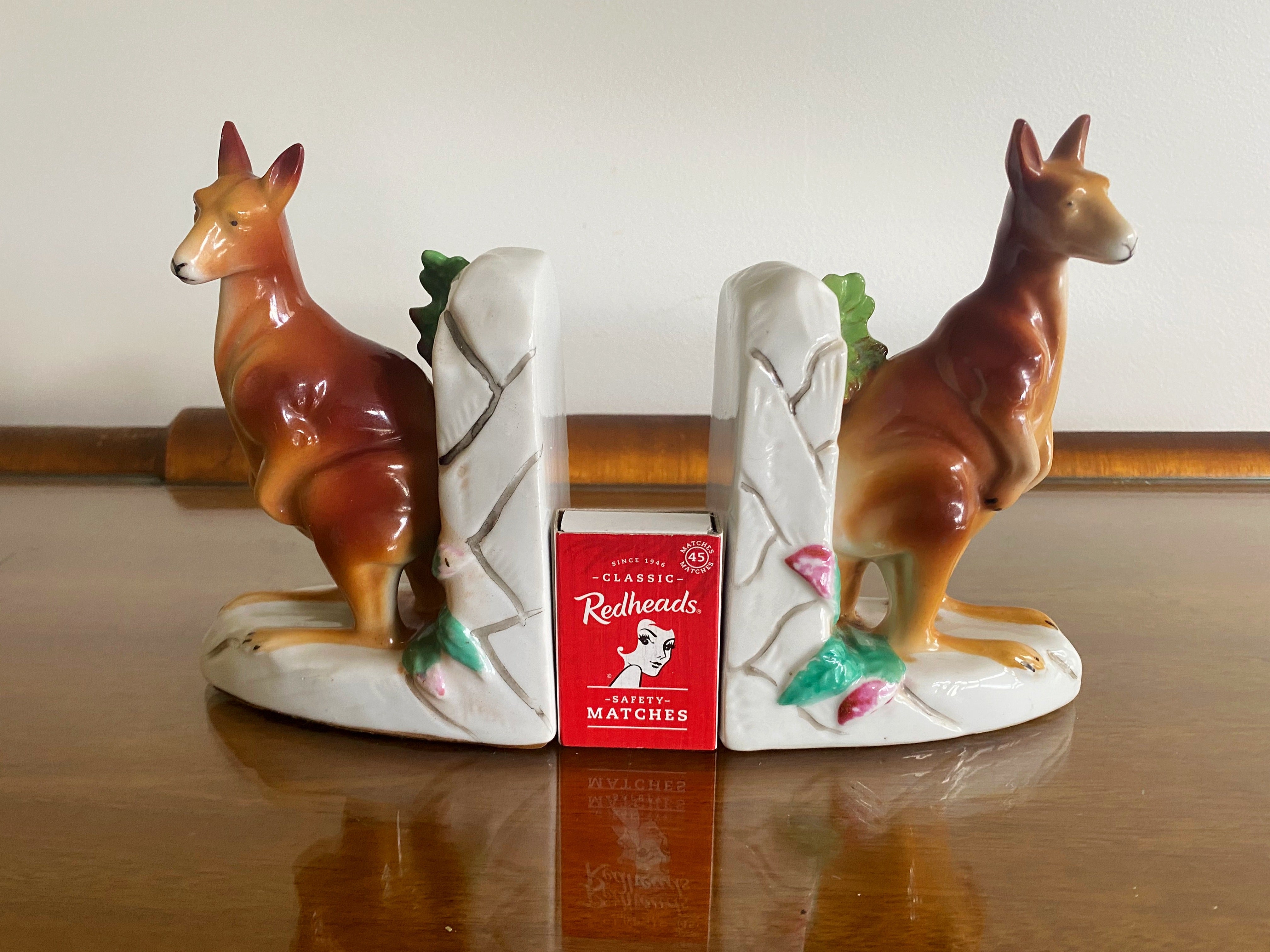 1950s Australian Hand-Painted Pottery Kangaroo Bookends