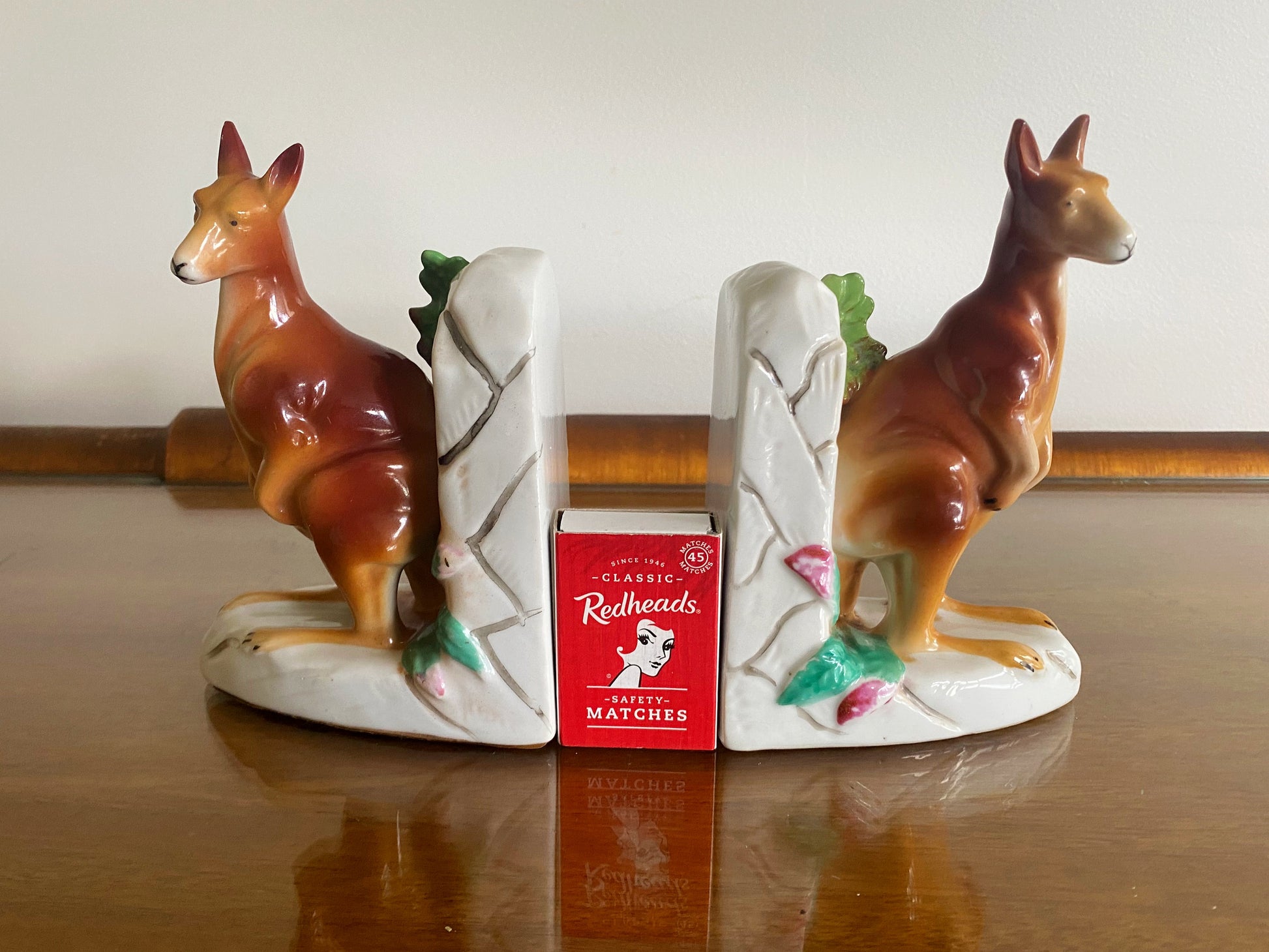 1950s Australian Hand-Painted Pottery Kangaroo Bookends | Rare! - Busy Bowerbird