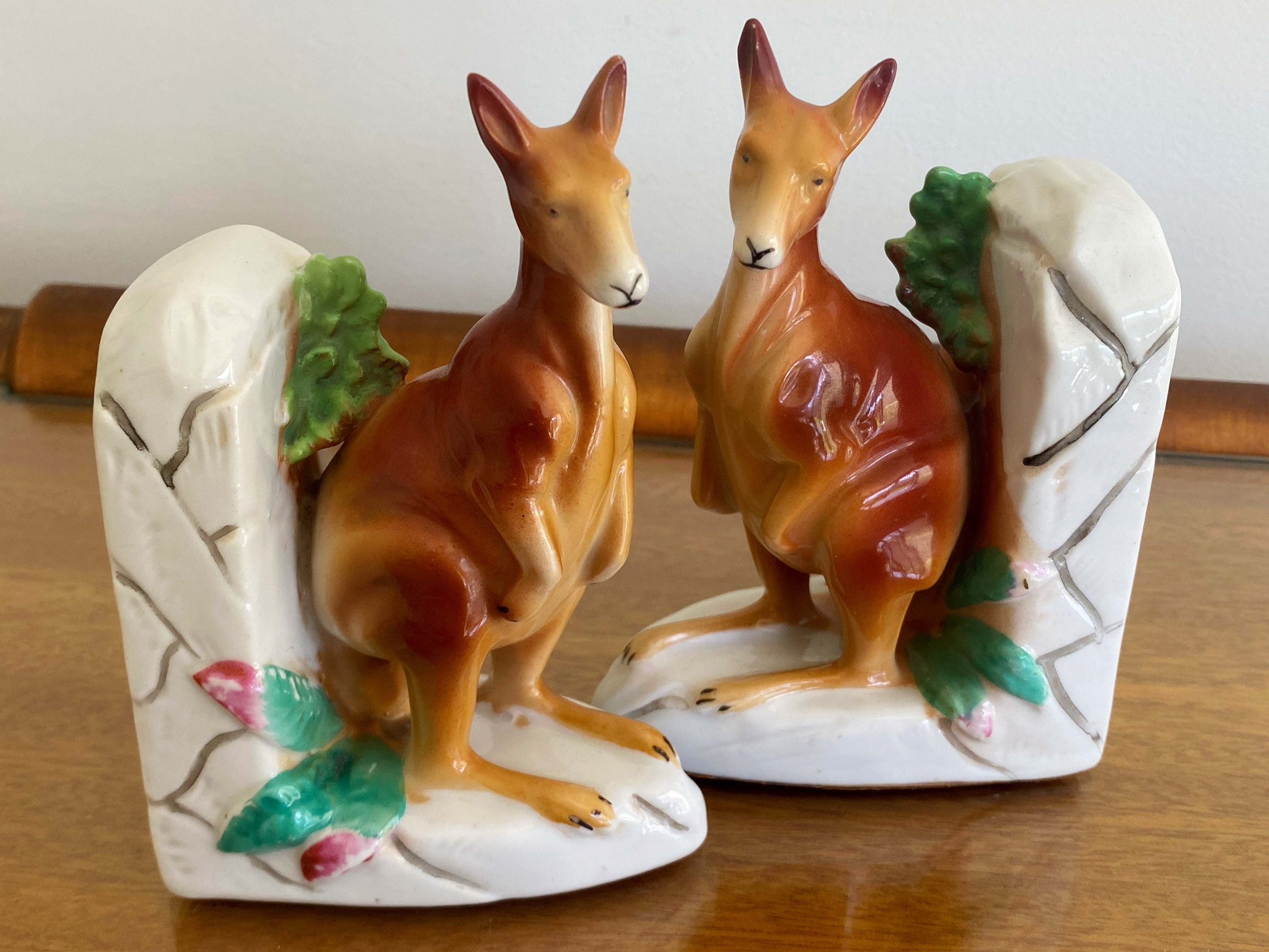 1950s Australian Hand-Painted Pottery Kangaroo Bookends