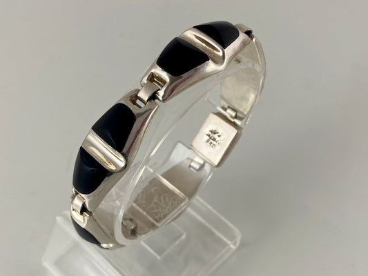 TAXCO 950 Sterling Silver and Onyx Five-Panel Bracelet | Elegant & Stylish! - Busy Bowerbird