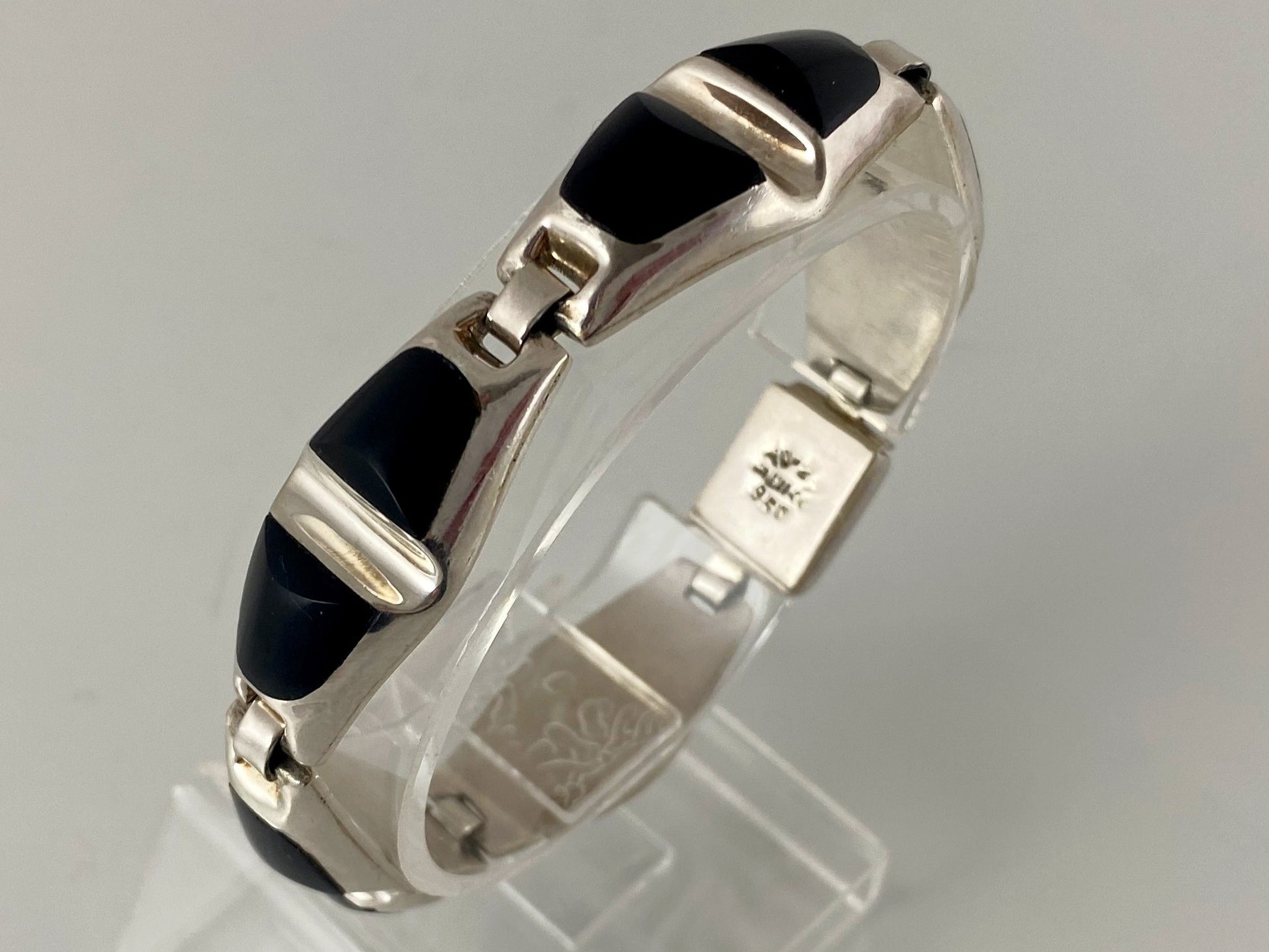 TAXCO 950 Sterling Silver and Onyx Five-Panel Bracelet | Elegant & Stylish! - Busy Bowerbird