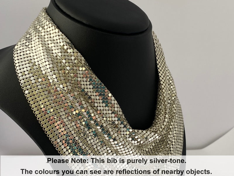 1970s WHITING & DAVIS Silver Mesh Bib Necklace 