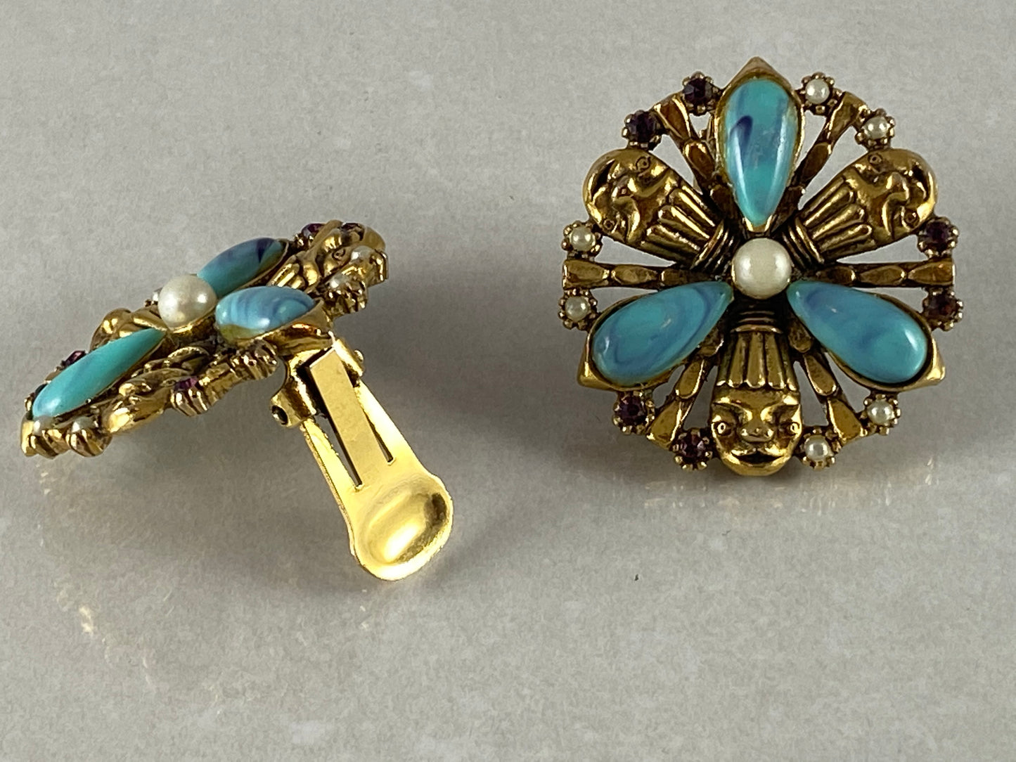 Vintage SELRO Style Antiqued Gold Clown-Face Earrings with Faux Turquoise - Busy Bowerbird