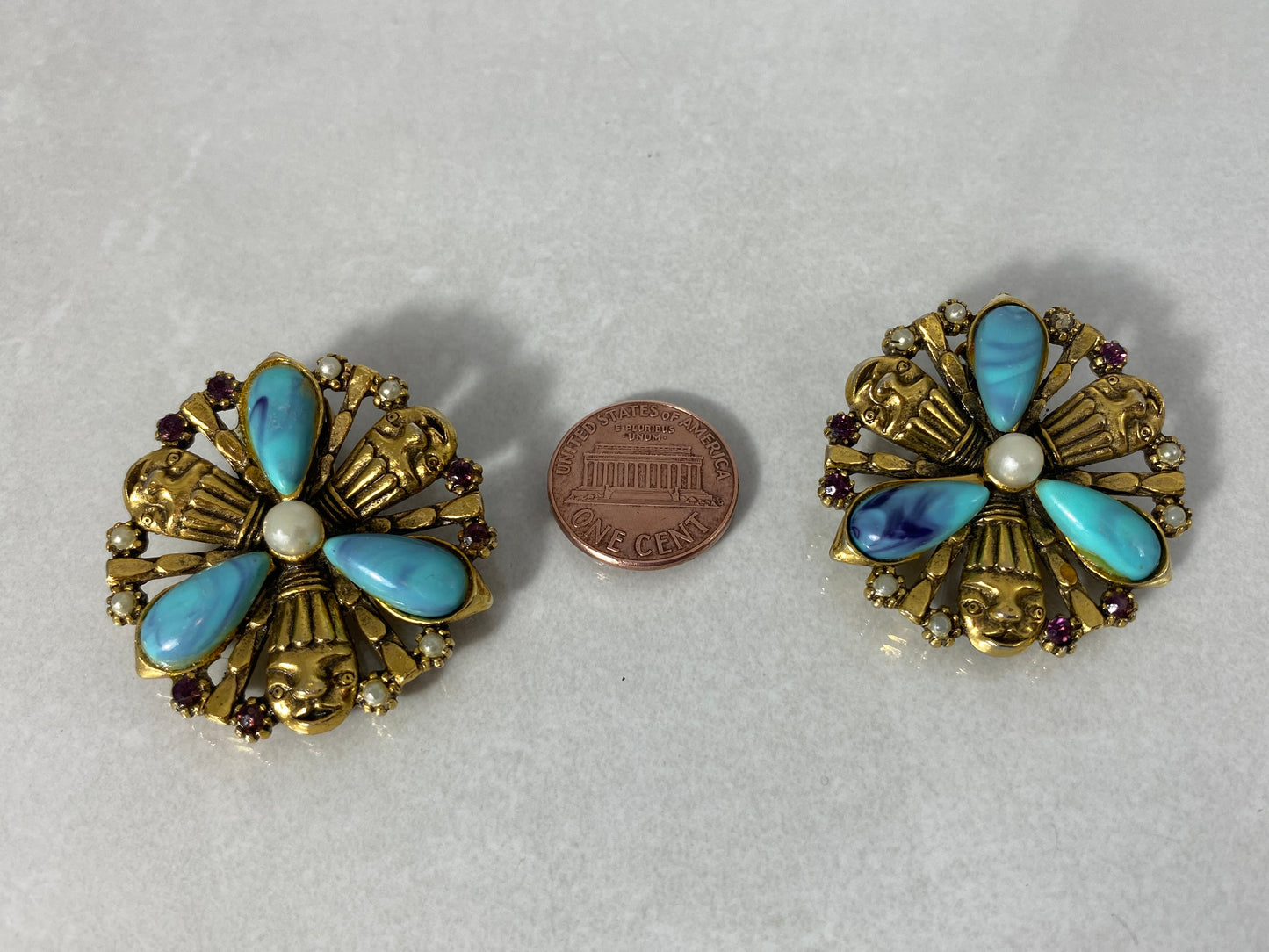 Vintage SELRO Style Antiqued Gold Clown-Face Earrings with Faux Turquoise - Busy Bowerbird