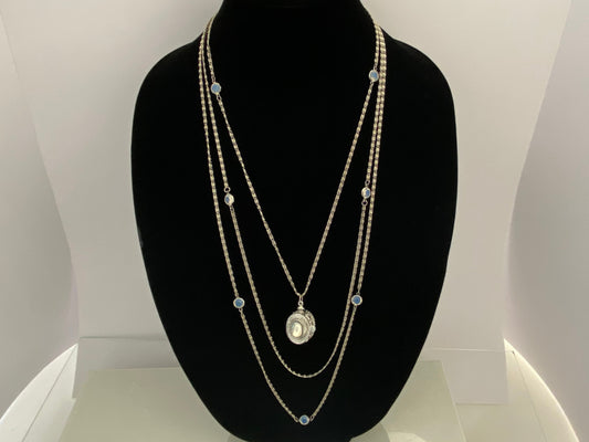GOLDETTE Silver-Tone Sautoir Necklace with Faux Moonstone Pendant & Chicklets - Busy Bowerbird