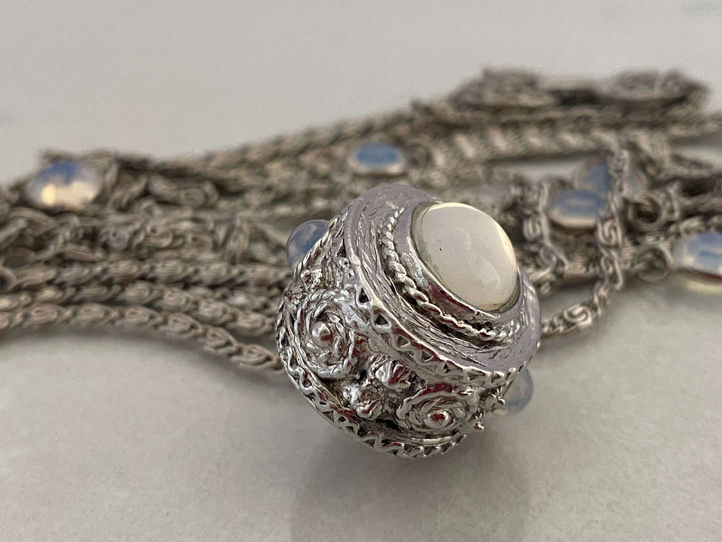 GOLDETTE Silver-Tone Sautoir Necklace with Faux Moonstone Pendant & Chicklets - Busy Bowerbird