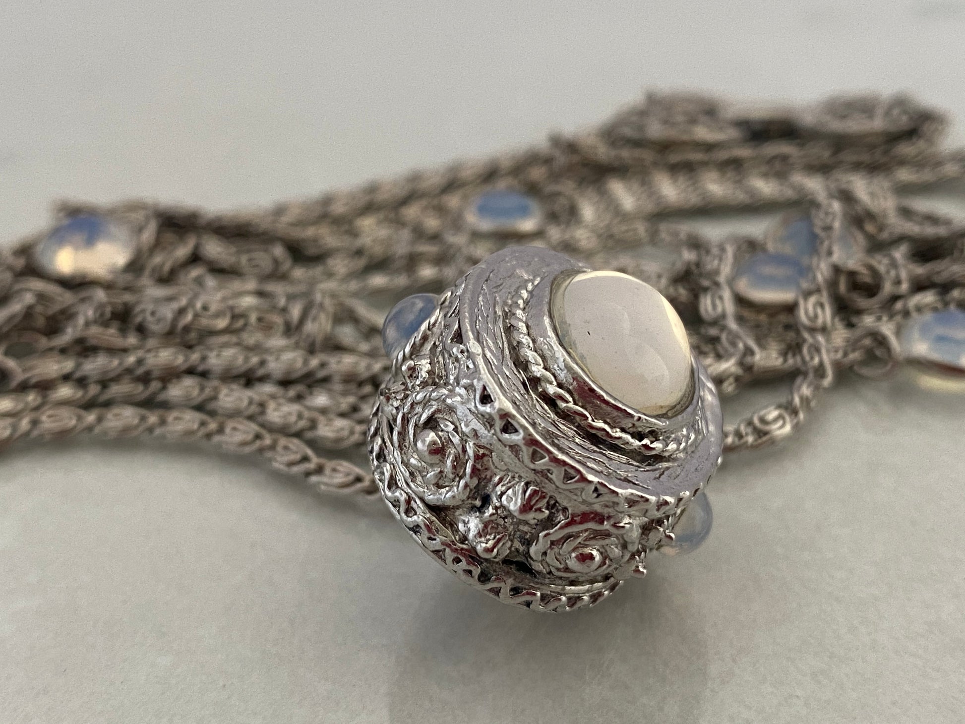 GOLDETTE Silver-Tone Sautoir Necklace with Faux Moonstone Pendant & Chicklets - Busy Bowerbird