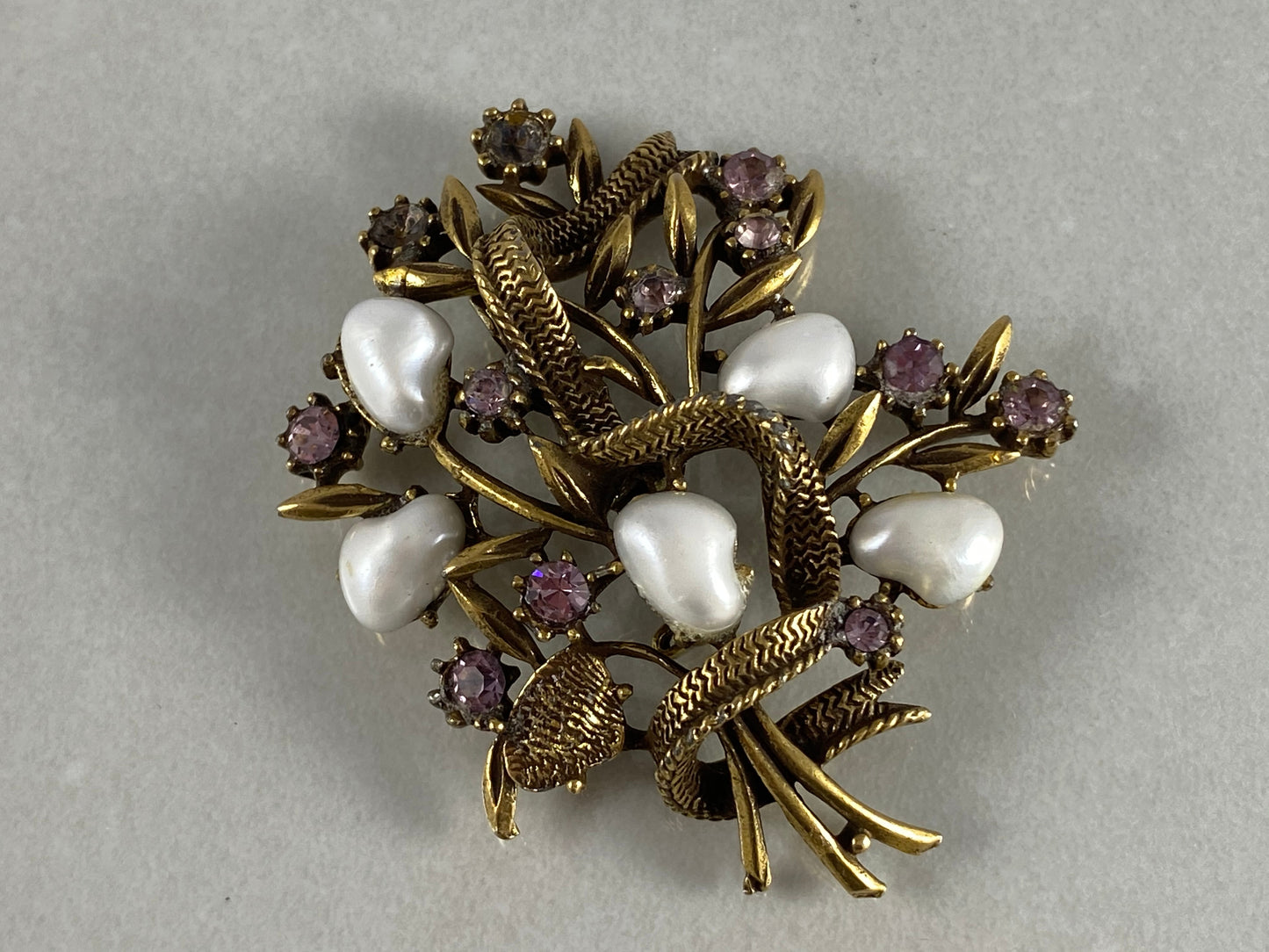 1930s CORO Faux Baroque Pearl & Rhinestone Flower Bouquet Brooch - Busy Bowerbird
