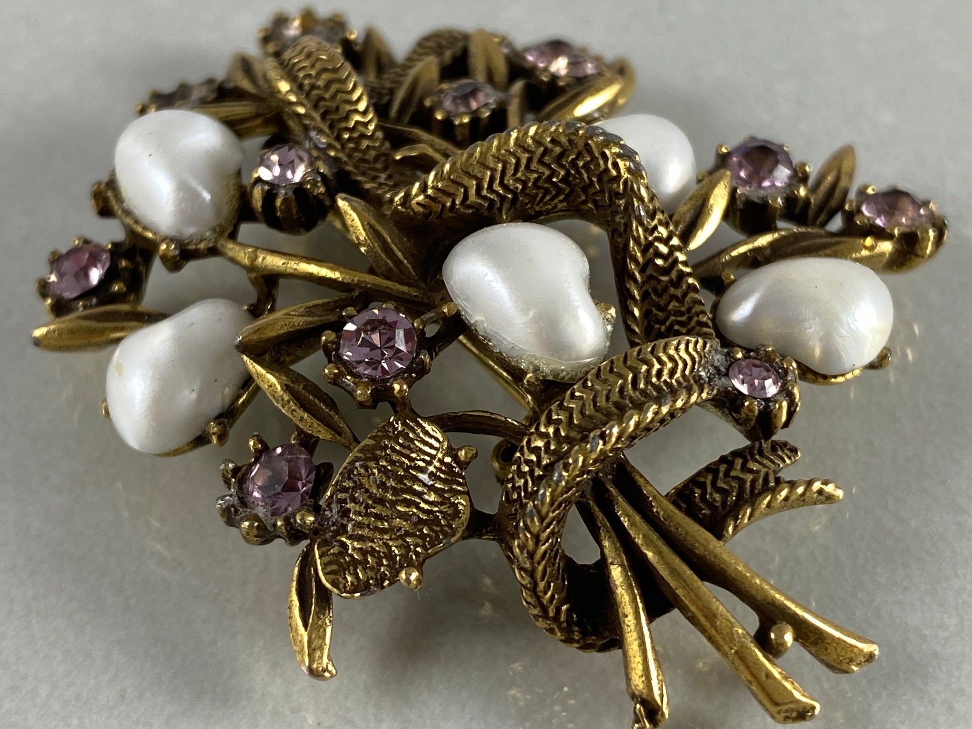 1930s CORO Faux Baroque Pearl & Rhinestone Flower Bouquet Brooch - Busy Bowerbird
