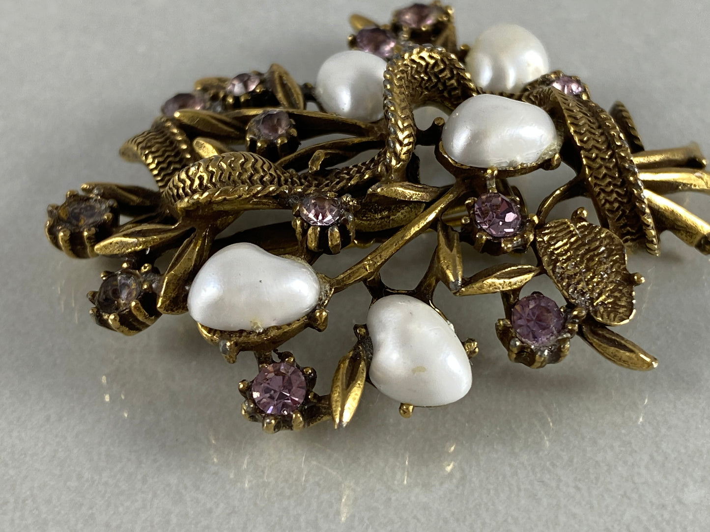1930s CORO Faux Baroque Pearl & Rhinestone Flower Bouquet Brooch - Busy Bowerbird