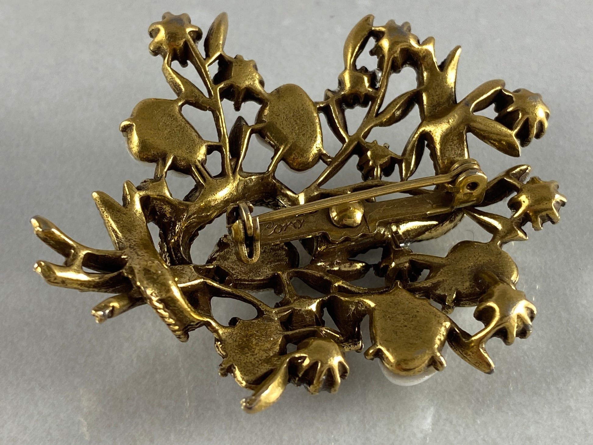 1930s CORO Faux Baroque Pearl & Rhinestone Flower Bouquet Brooch - Busy Bowerbird