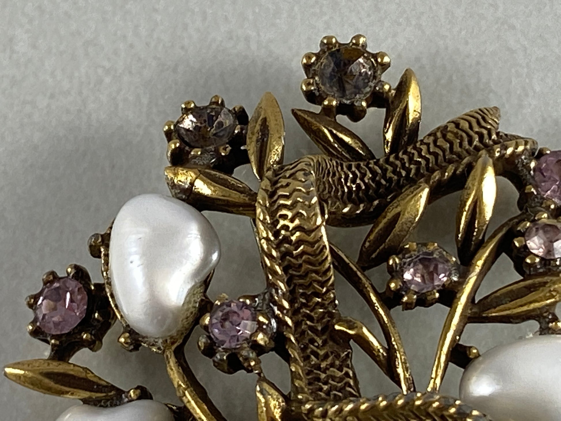 1930s CORO Faux Baroque Pearl & Rhinestone Flower Bouquet Brooch - Busy Bowerbird
