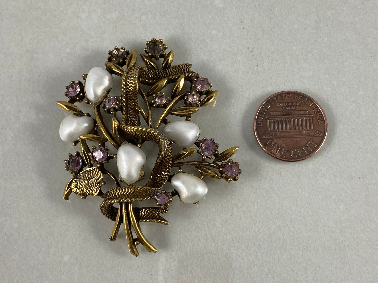 1930s CORO Faux Baroque Pearl & Rhinestone Flower Bouquet Brooch - Busy Bowerbird