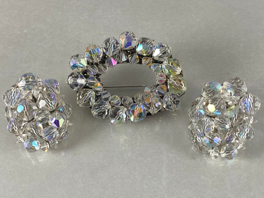 Large VINTAGE Brooch and Earring Set | Clear Aurora Borealis Crystals - Busy Bowerbird
