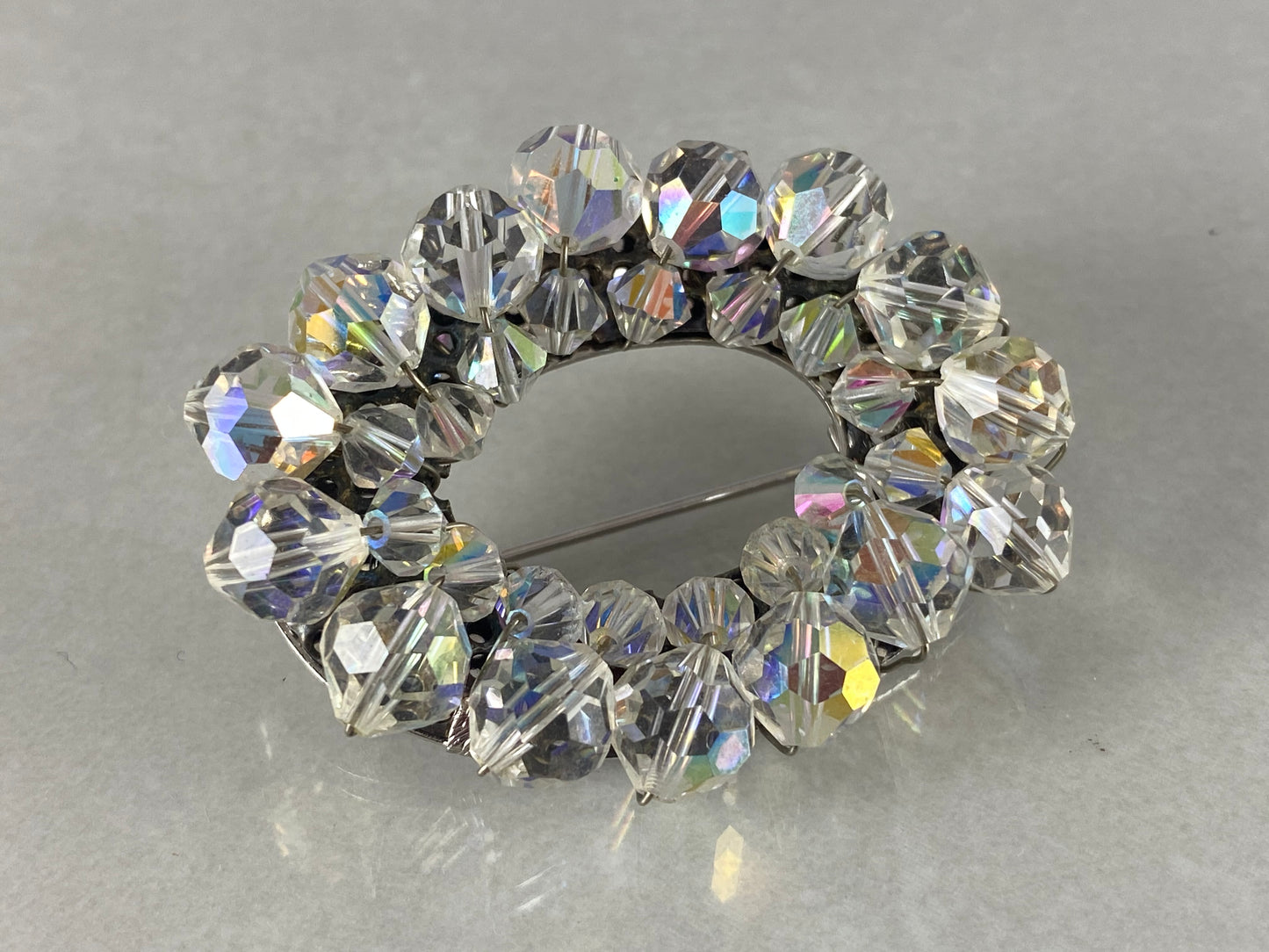 Large VINTAGE Brooch and Earring Set | Clear Aurora Borealis Crystals - Busy Bowerbird