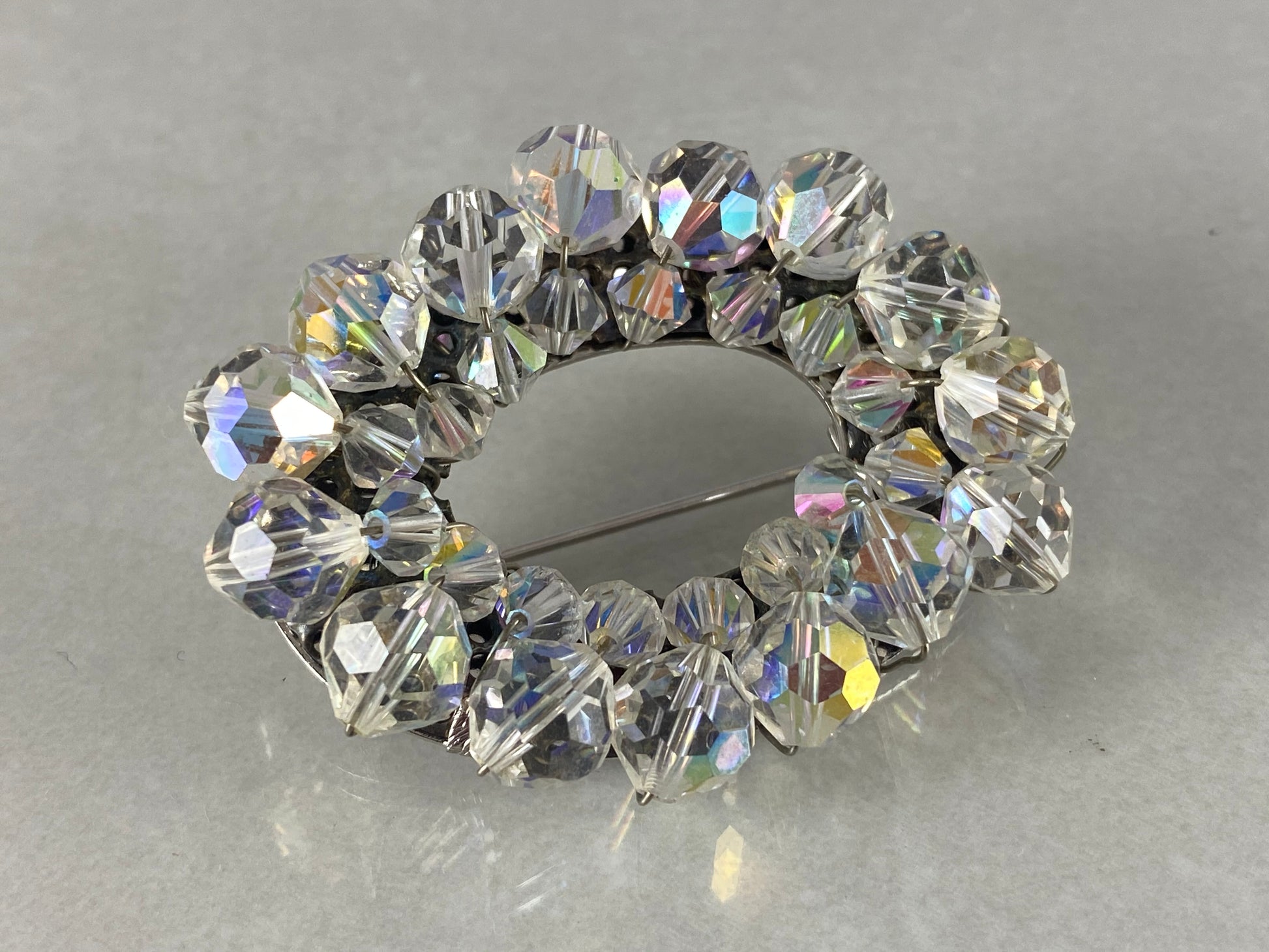 Large VINTAGE Brooch and Earring Set | Clear Aurora Borealis Crystals - Busy Bowerbird