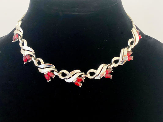 PENNINO Silver-Tone Choker Necklace with Ruby-Red Rhinestones - Busy Bowerbird