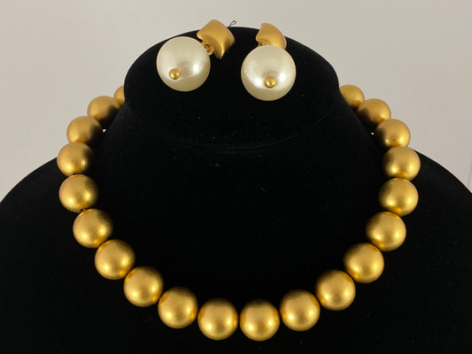 1980s ANNE KLEIN Gold-toned Ball Necklace | Pearl & Gold Earrings - Busy Bowerbird