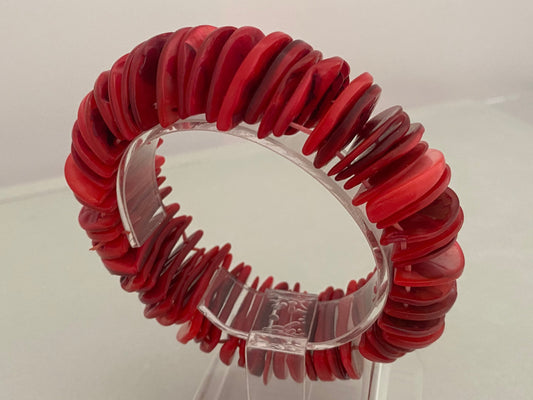 Vintage Semi-Circular RED CORAL Disc Stretch Bracelet - Busy 