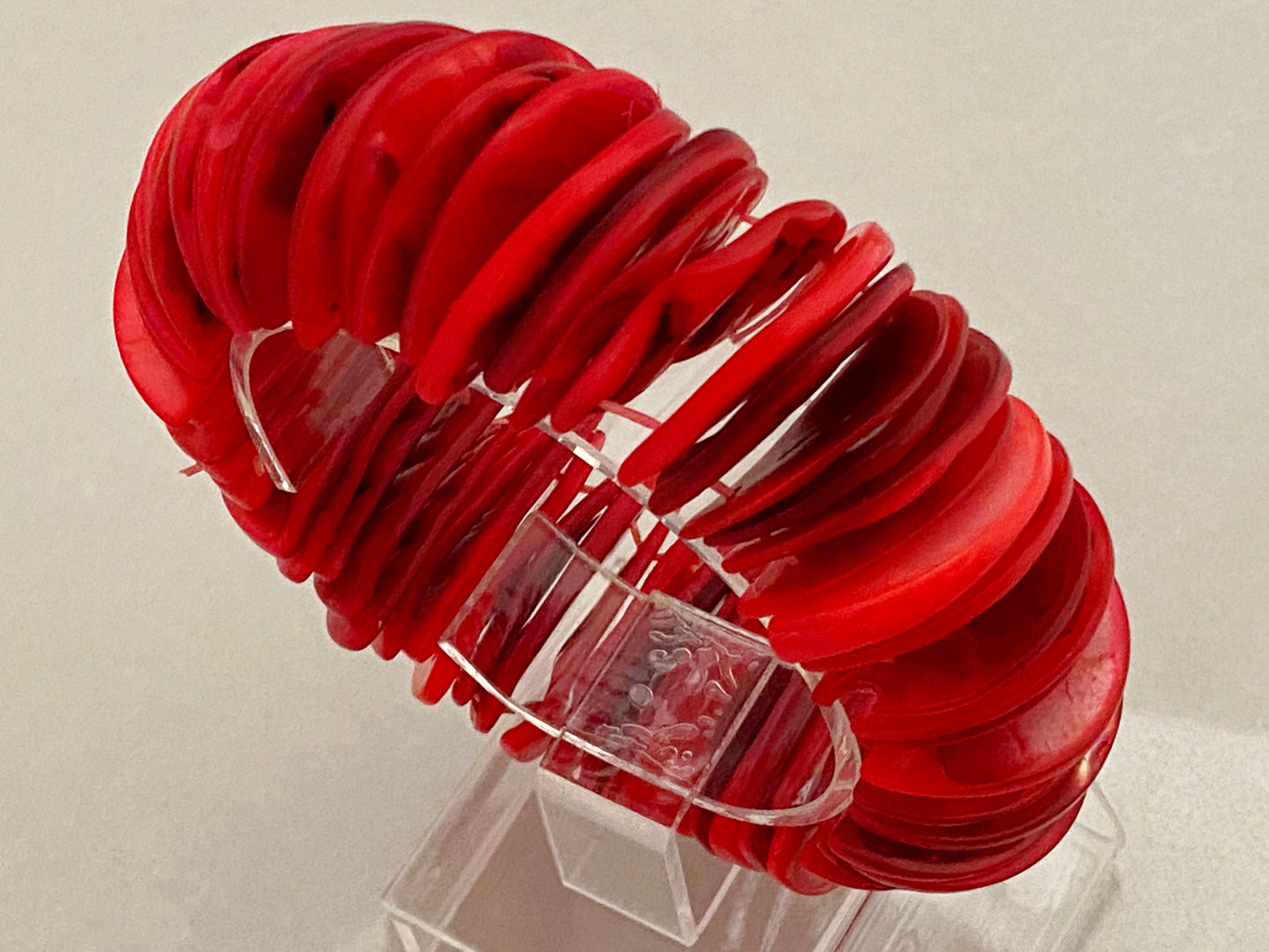 Vintage Semi-Circular RED CORAL Disc Stretch Bracelet - Busy Bowerbird