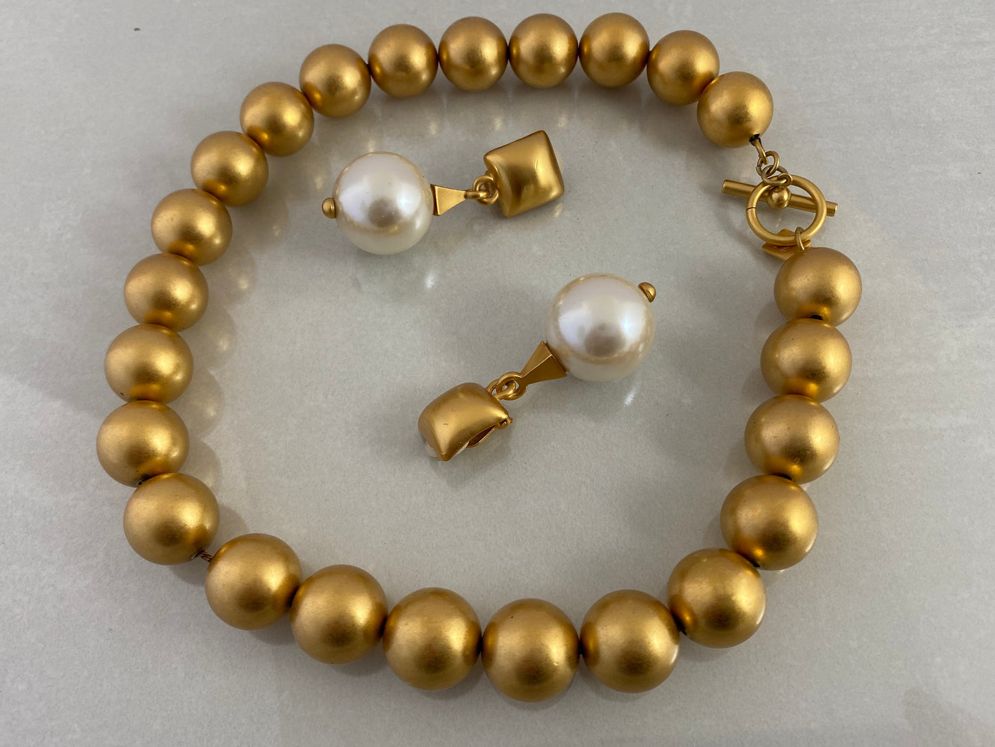 1980s ANNE KLEIN Gold-toned Ball Necklace | Pearl & Gold Earrings - Busy Bowerbird