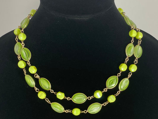 1950s WEST GERMAN Two-Strand  Green Glass & Lucite Bead Necklace - Busy Bowerbird