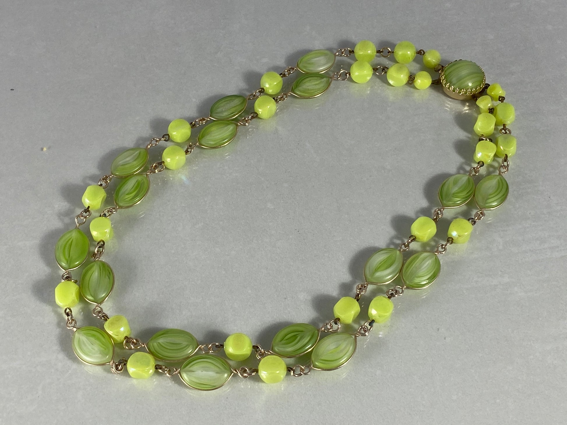 1950s WEST GERMAN Two-Strand  Green Glass & Lucite Bead Necklace - Busy Bowerbird