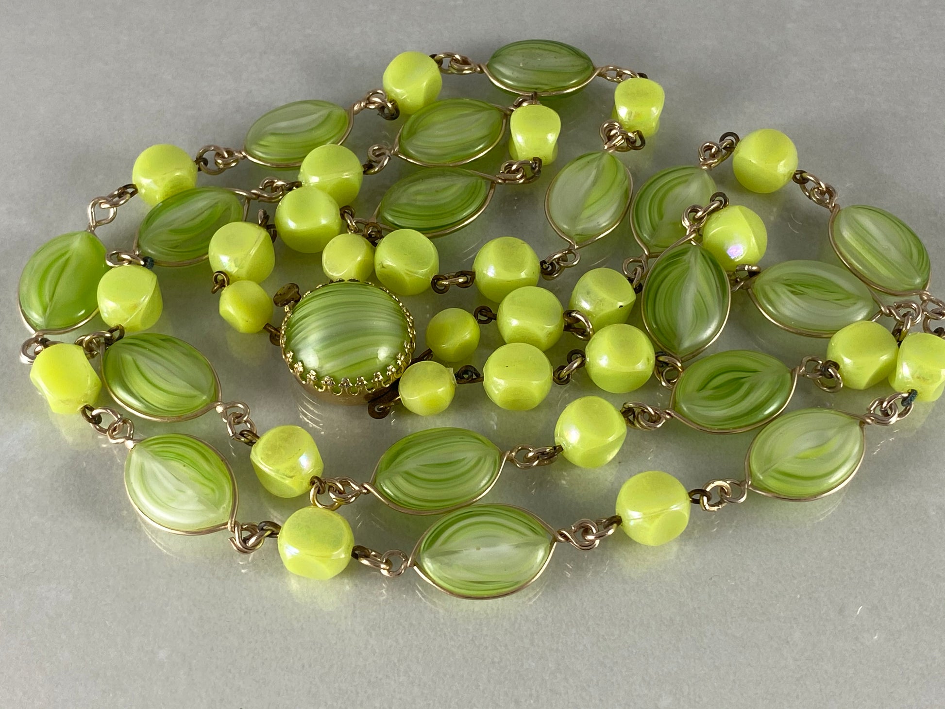 1950s WEST GERMAN Two-Strand  Green Glass & Lucite Bead Necklace - Busy Bowerbird