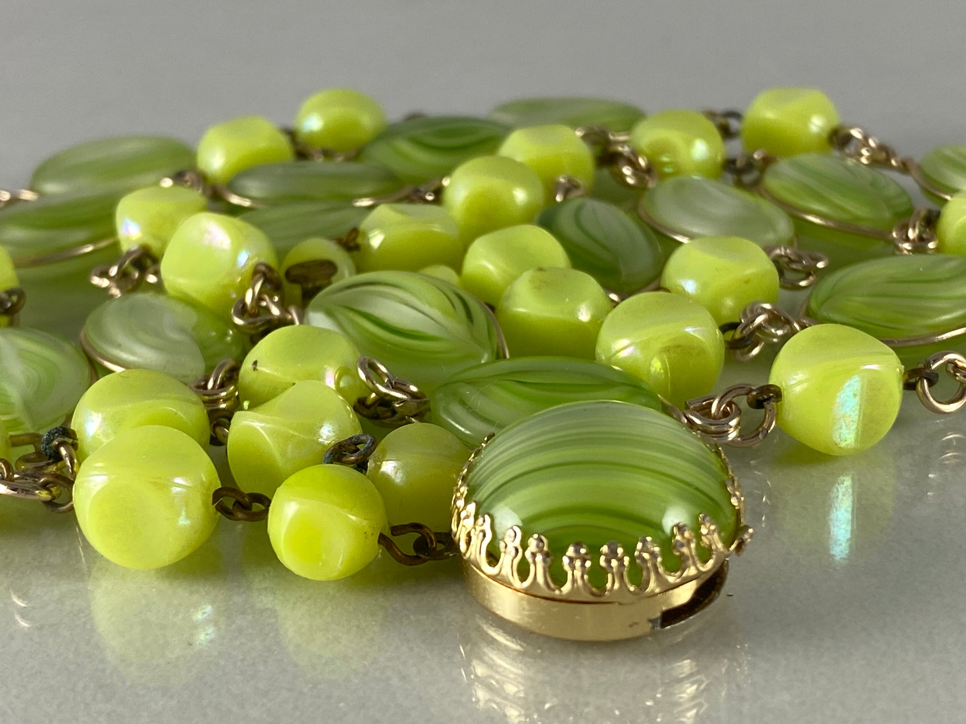 1950s WEST GERMAN Two-Strand  Green Glass & Lucite Bead Necklace - Busy Bowerbird