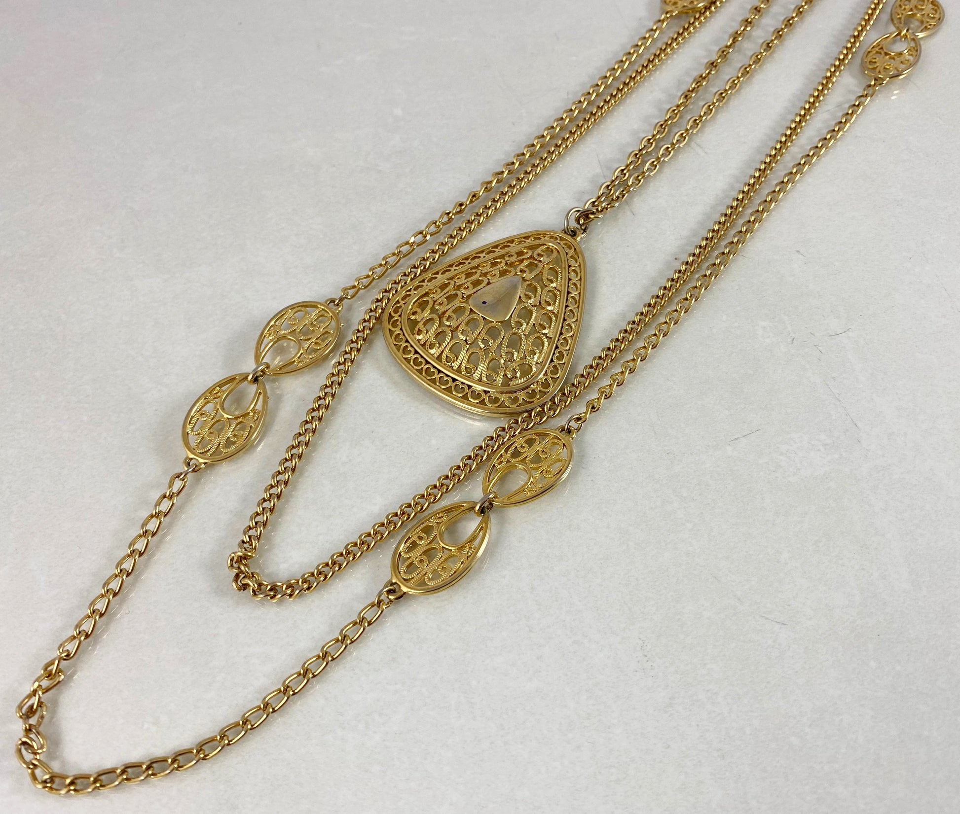 Vintage Three-Strand Gold-Tone Sautoir Necklace with Filigree Teardrop Pendant - Busy Bowerbird