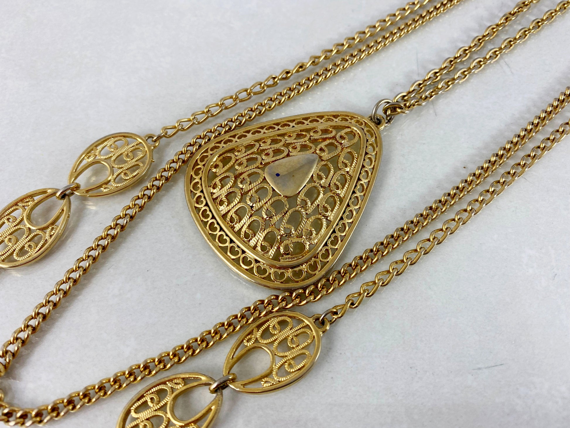 Vintage Three-Strand Gold-Tone Sautoir Necklace with Filigree Teardrop Pendant - Busy Bowerbird