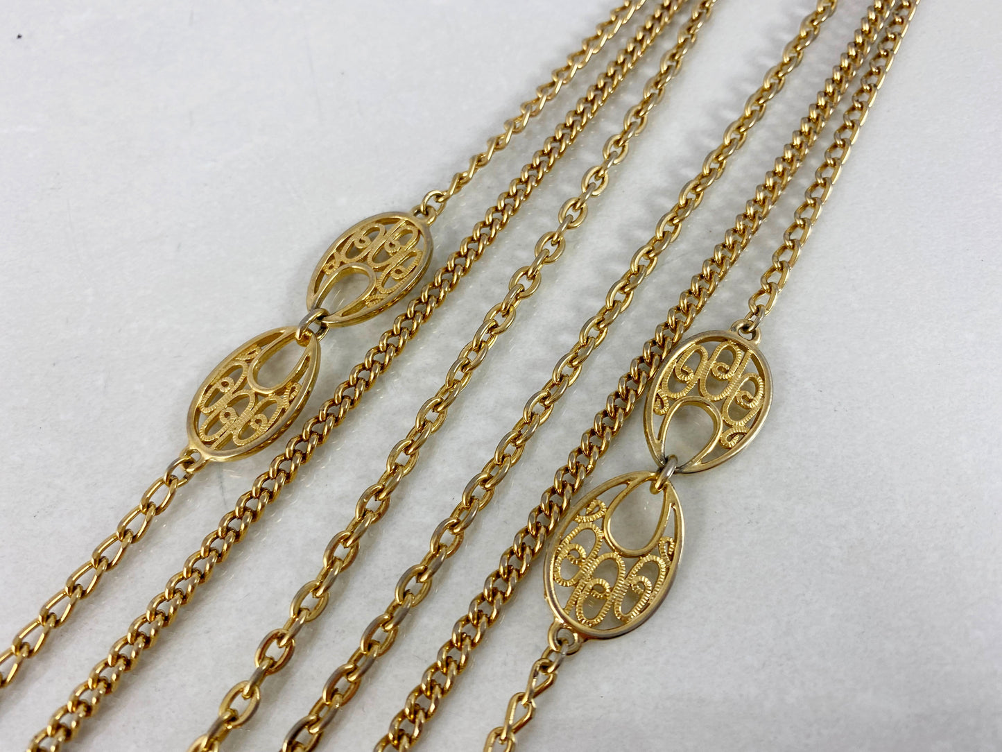 Vintage Three-Strand Gold-Tone Sautoir Necklace with Filigree Teardrop Pendant - Busy Bowerbird