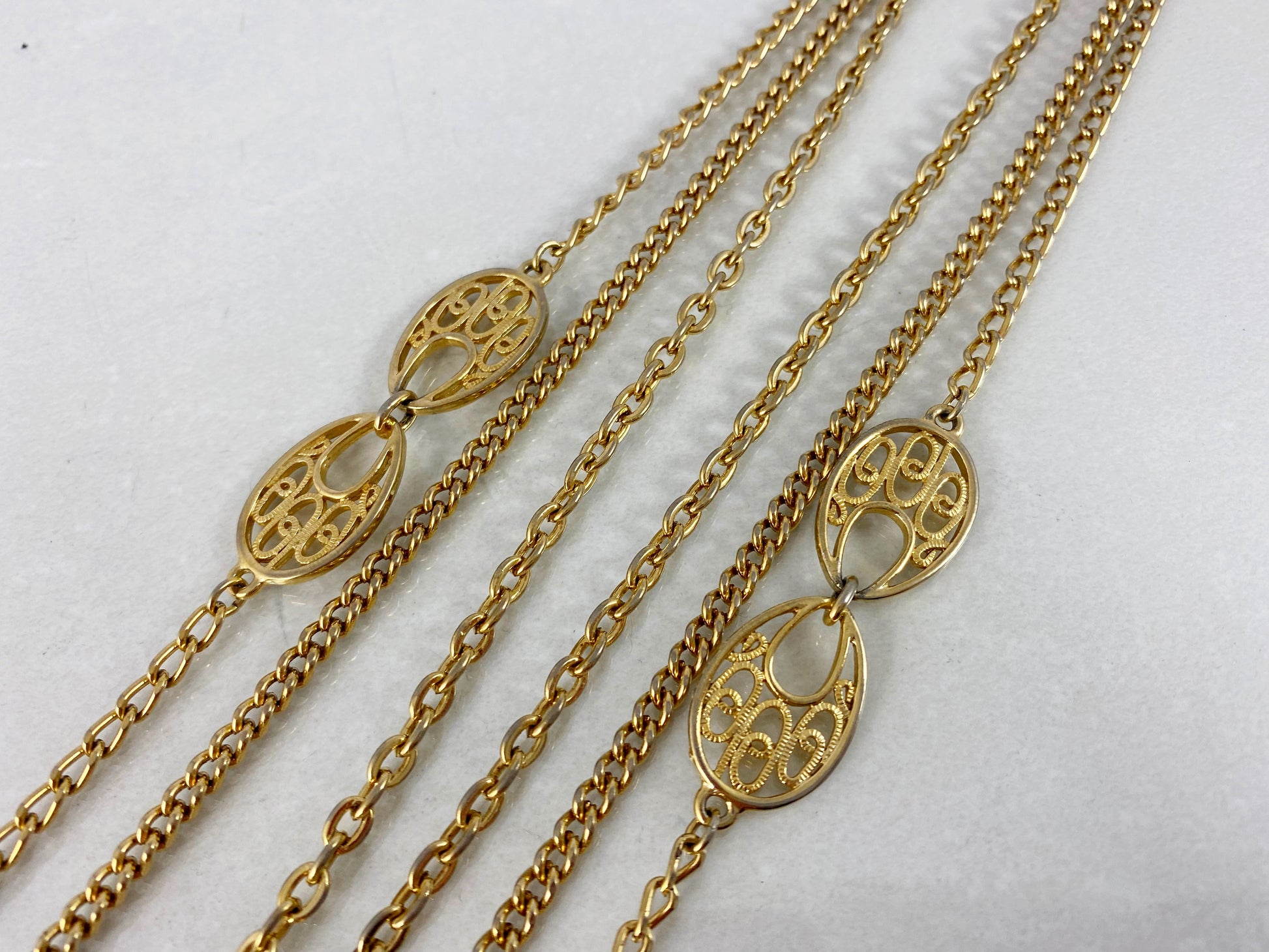 Vintage Three-Strand Gold-Tone Sautoir Necklace with Filigree Teardrop Pendant - Busy Bowerbird