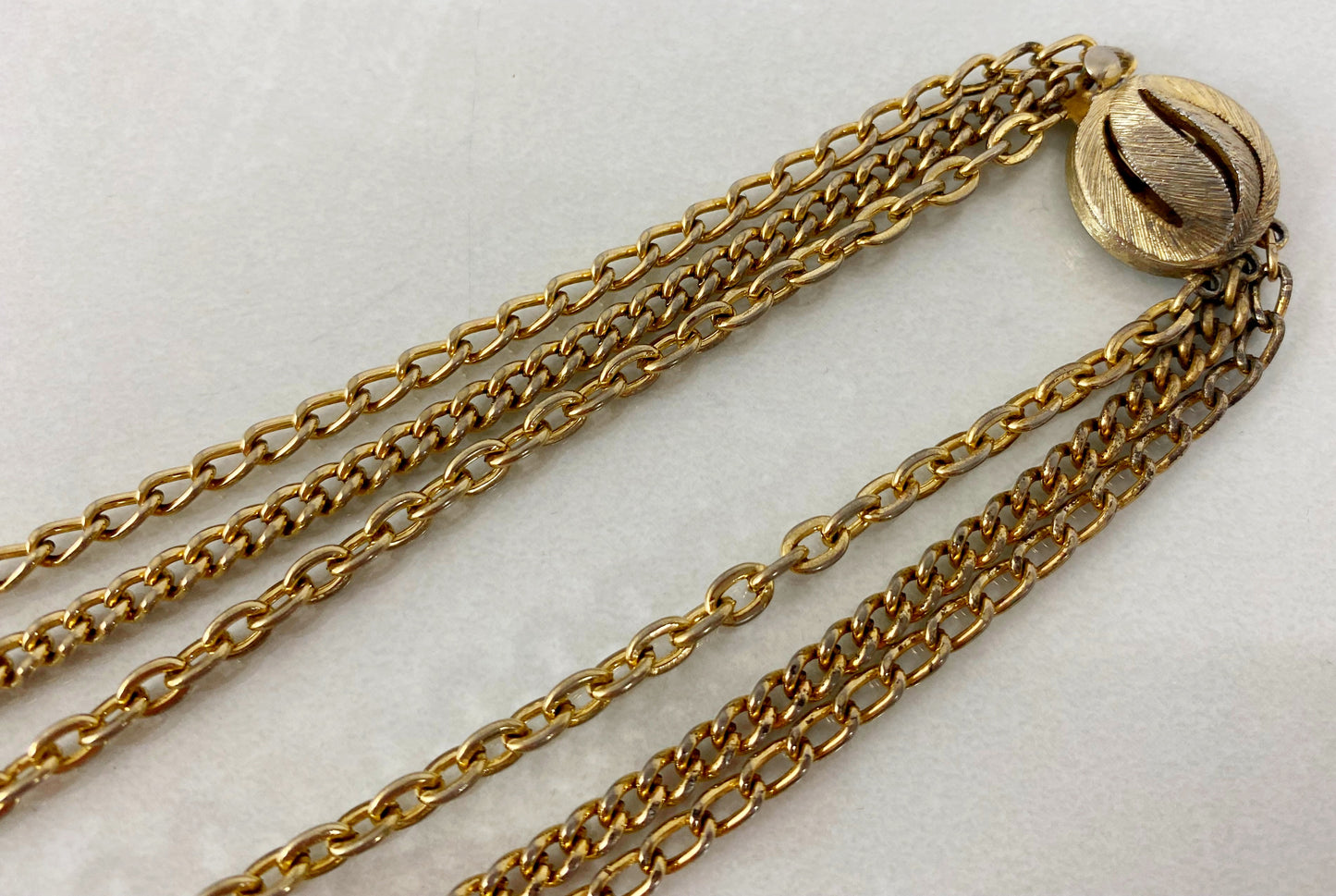 Vintage Three-Strand Gold-Tone Sautoir Necklace with Filigree Teardrop Pendant - Busy Bowerbird