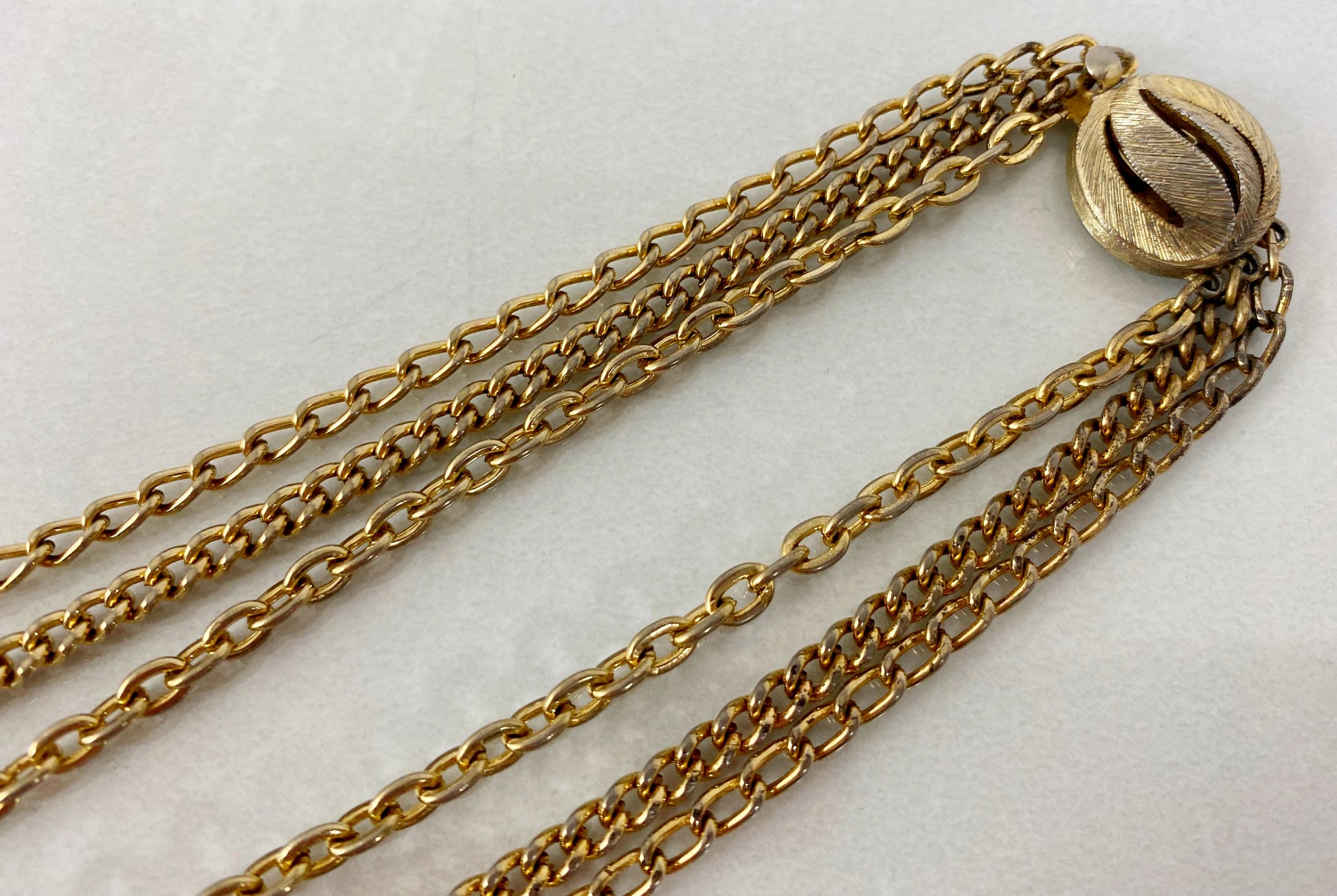 Vintage Three-Strand Gold-Tone Sautoir Necklace with Filigree Teardrop Pendant - Busy Bowerbird
