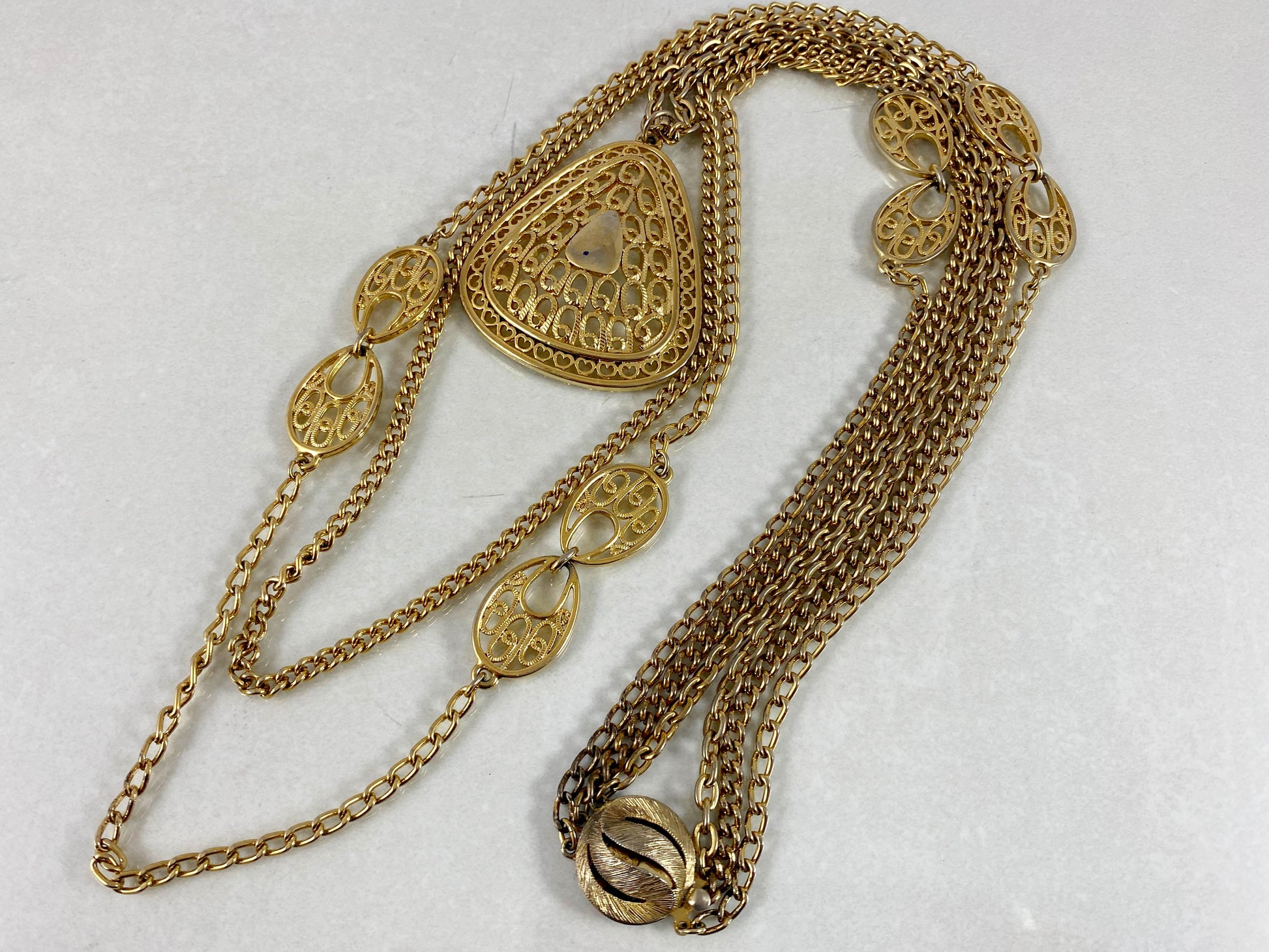 Vintage Three-Strand Gold-Tone Sautoir Necklace with Filigree Teardrop Pendant - Busy Bowerbird