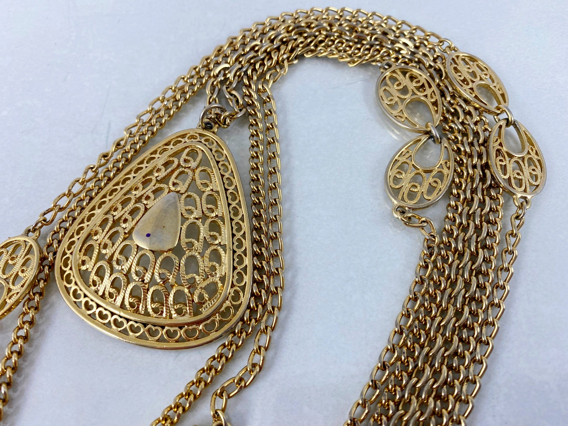 Vintage Three-Strand Gold-Tone Sautoir Necklace with Filigree Teardrop Pendant - Busy Bowerbird