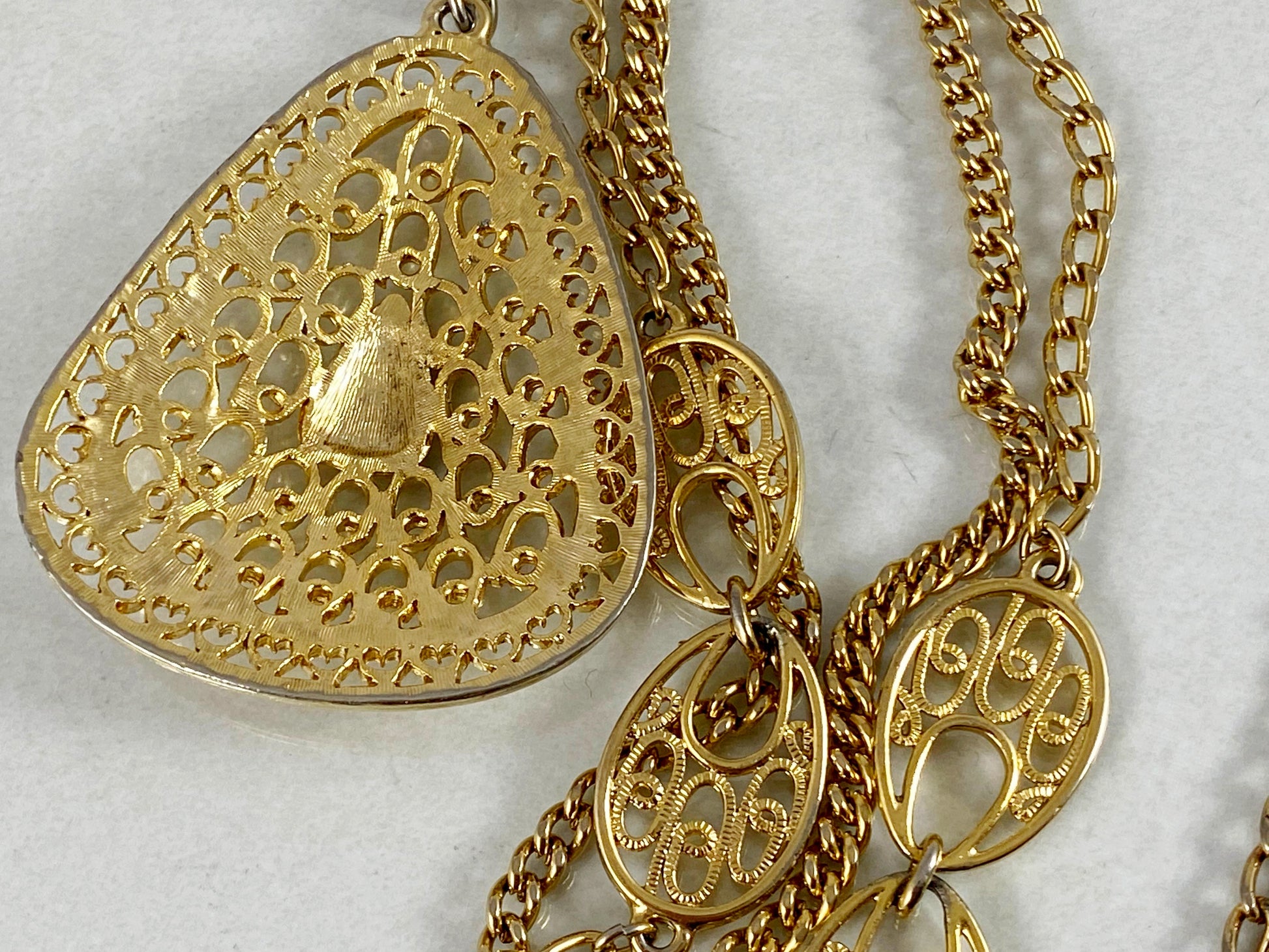 Vintage Three-Strand Gold-Tone Sautoir Necklace with Filigree Teardrop Pendant - Busy Bowerbird