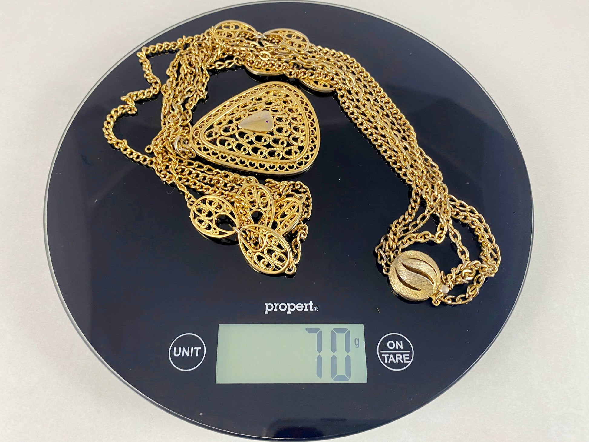 Vintage Three-Strand Gold-Tone Sautoir Necklace with Filigree Teardrop Pendant - Busy Bowerbird
