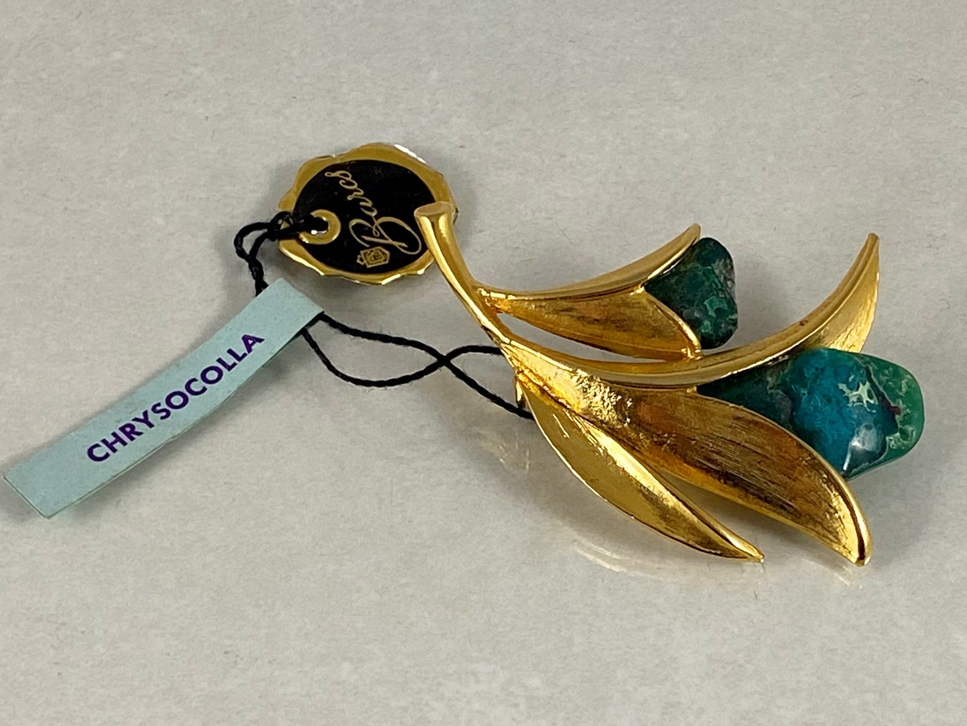 Vintage BARCS Australia 22 kt Gold-Plated Chrysocolla Brooch - Busy Bowerbird