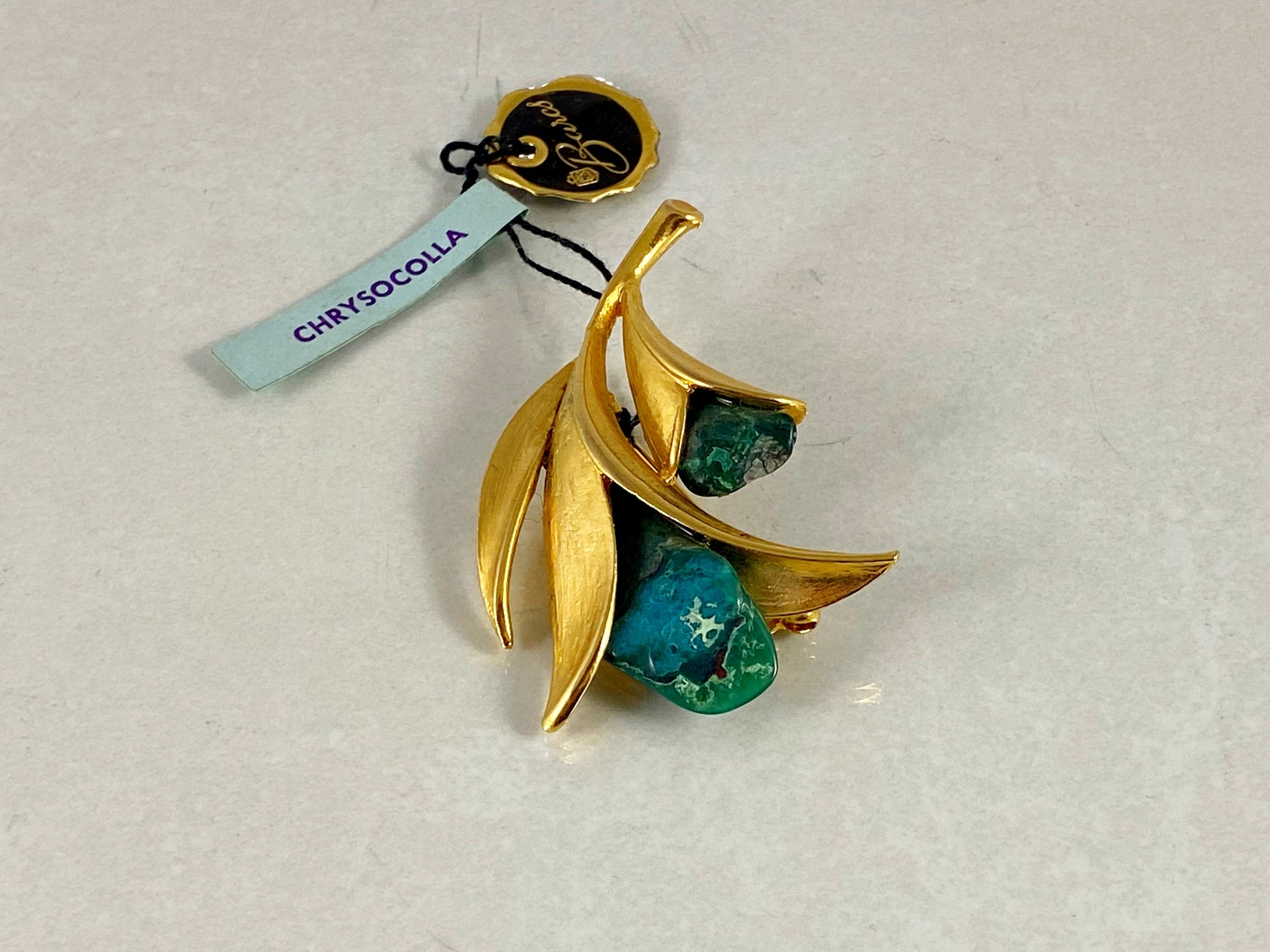 Vintage BARCS Australia 22 kt Gold-Plated Chrysocolla Brooch - Busy Bowerbird