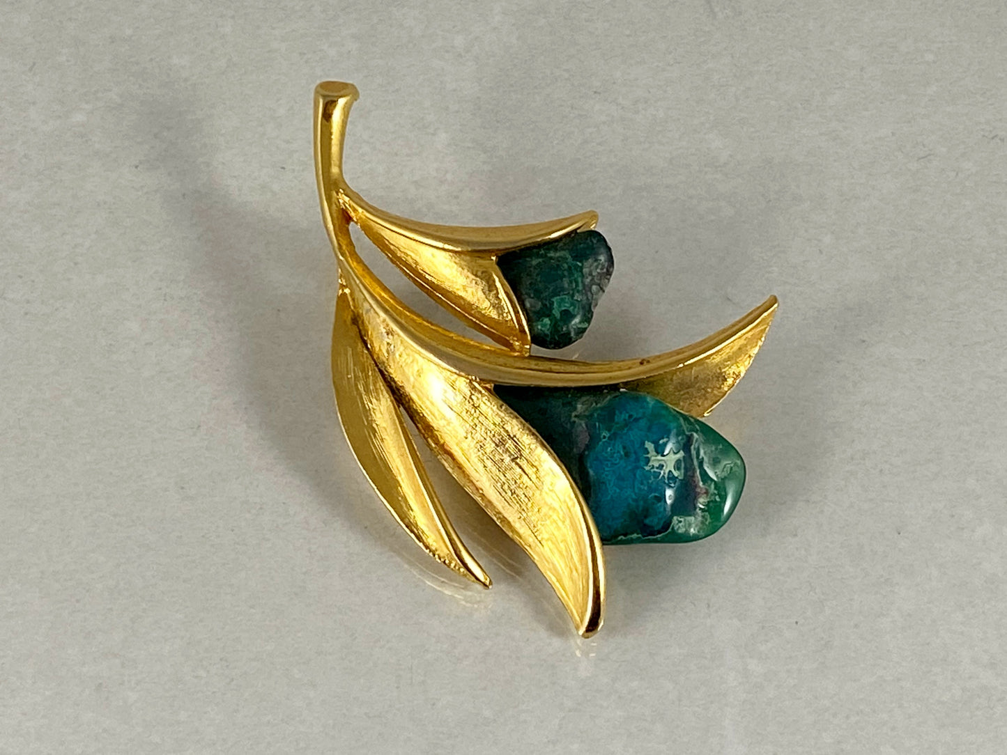 Vintage BARCS Australia 22 kt Gold-Plated Chrysocolla Brooch - Busy Bowerbird