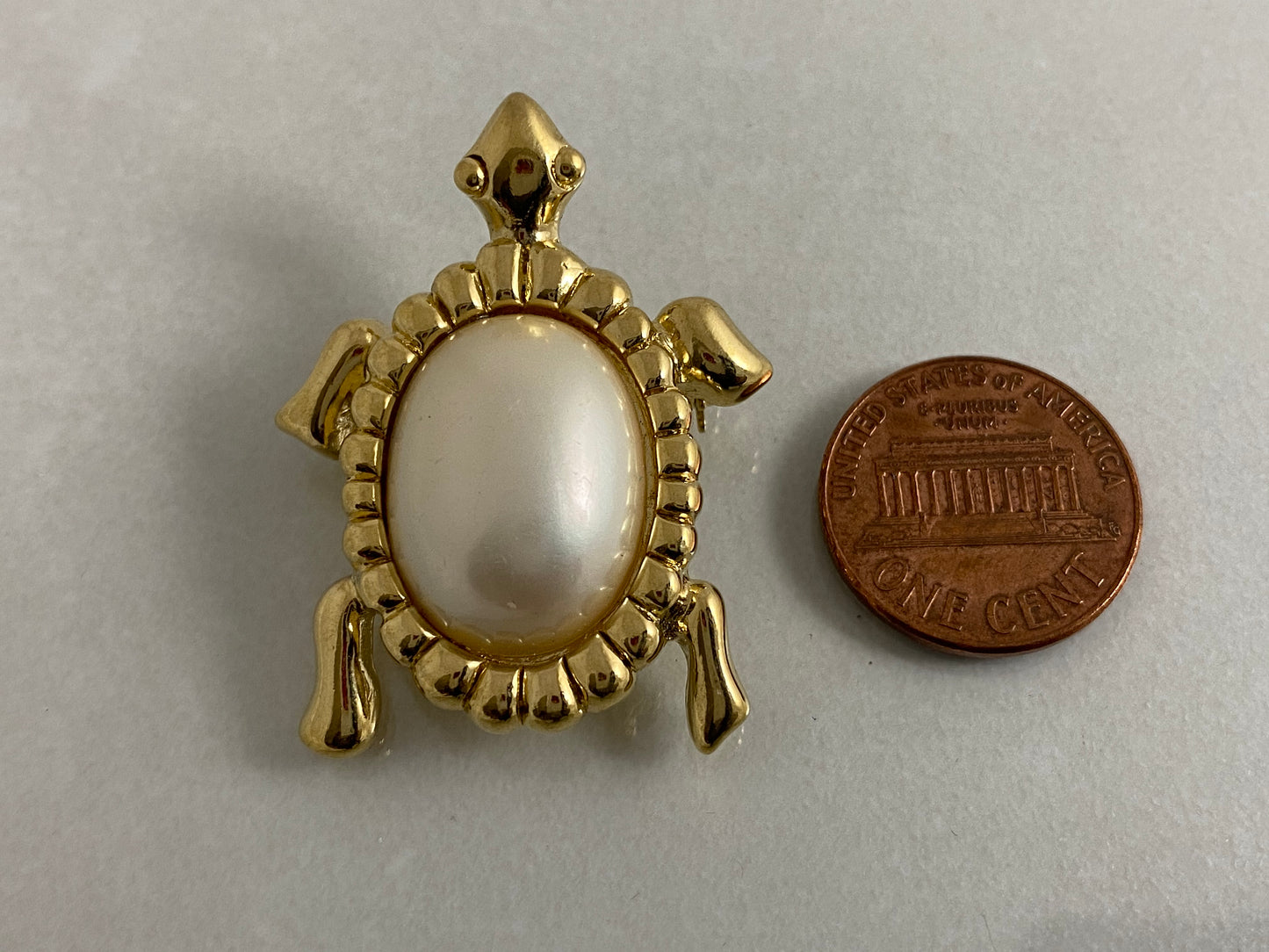 Vintage TRIFARI Gold-Tone Turtle Brooch | Pearlized Lucite Cabochon - Busy Bowerbird