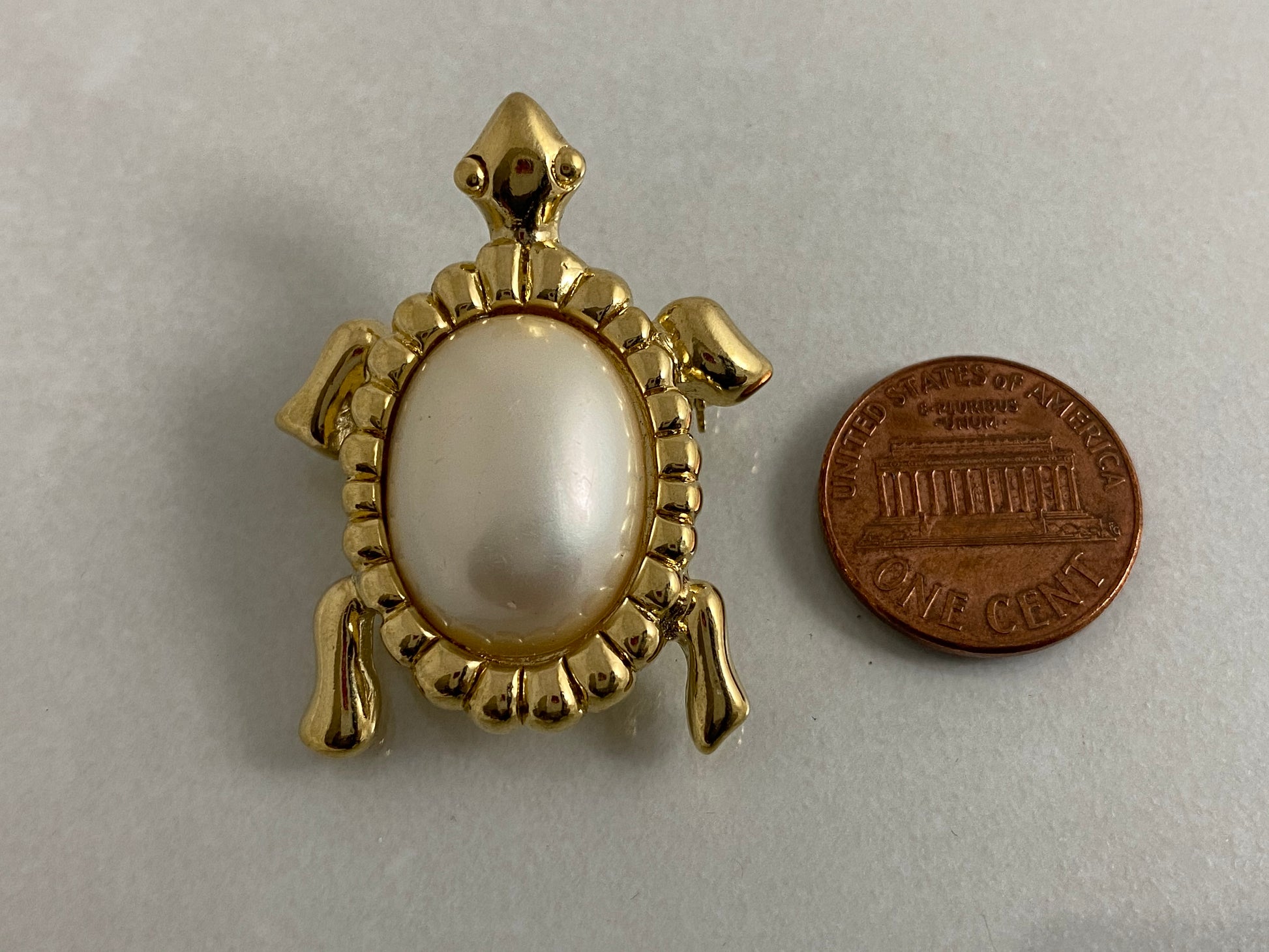 Vintage TRIFARI Gold-Tone Turtle Brooch | Pearlized Lucite Cabochon - Busy Bowerbird